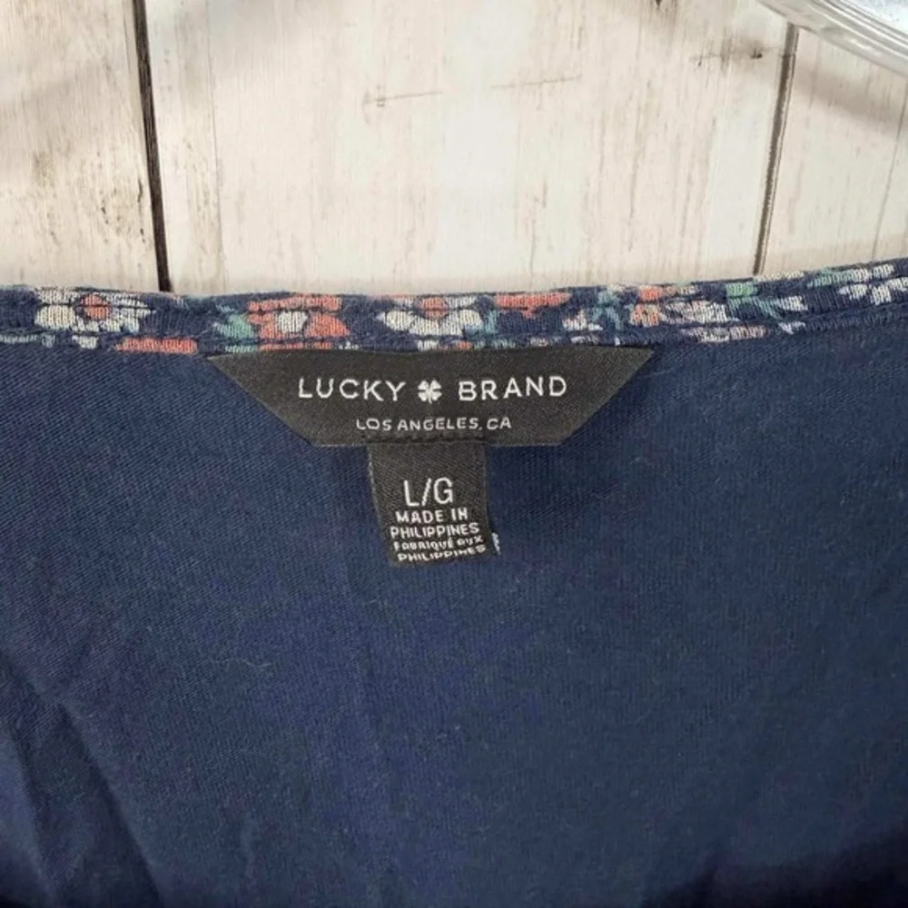 Lucky Brand Women's Floral Boho Top Navy Peasant Blouse 3/4 Sleeve Size‎ L - Picture 3 of 4